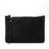 Rose, borsa a mano con polsino e chiusura zip in pelle scamosciata nera, prodotta da Pianigiani Bags in Italia.